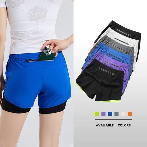 Men's Quick-drying Sports Shorts Fake Two-piece Fitness Triple Pants Marathon Running Pants Invisible Pocket for Mobile Phone