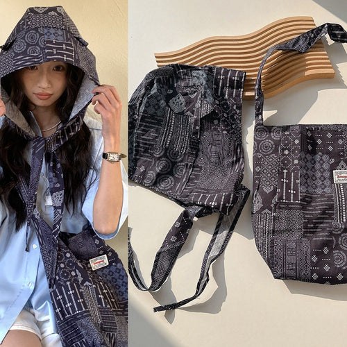 Japanese and Korean Popular Fried Street Hat Bag Two-Piece Set Women's Outdoor Leisure Travel Open Cotton Crosswalk Bag Ethnic